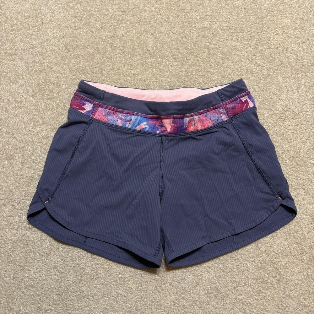Ivivva Running Shorts Girls 12 Blue Striped‎ Floral Waistband Lined Gym Athletic